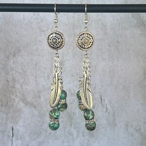 Turquoise Silver Feather Chain Dangle Earrings